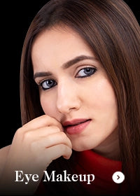 Woman with eye makeup and text 'Eye Makeup' on a dark background