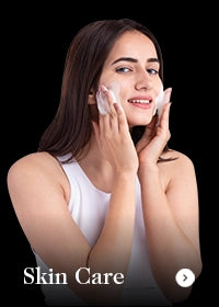 Woman applying a facial mask with text 'Skin Care' on a black background