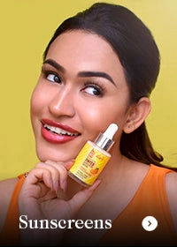 Woman holding a skincare product with 'Sunscreens' text on a yellow background
