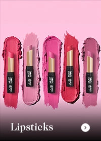 Five lipsticks with swatches on a pink background